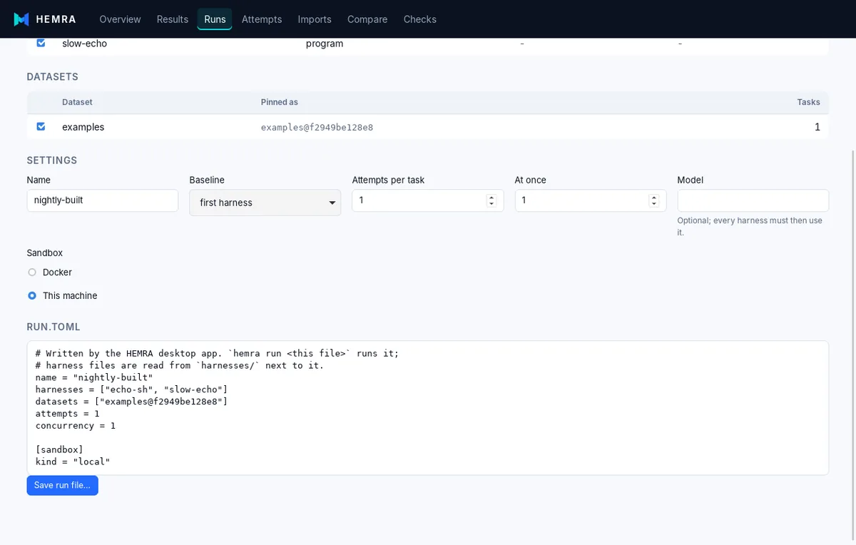 The Mac app's run builder: pick datasets and harnesses, preview, start.